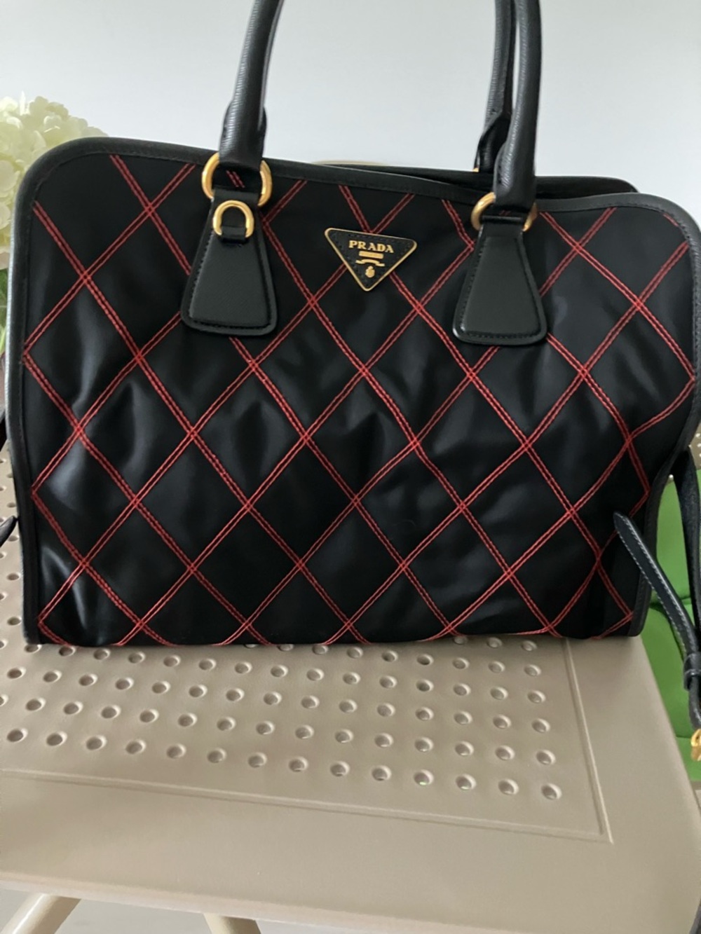 Prada Black Nylon Tote with Red Quilted Stitching and Gold Hardware